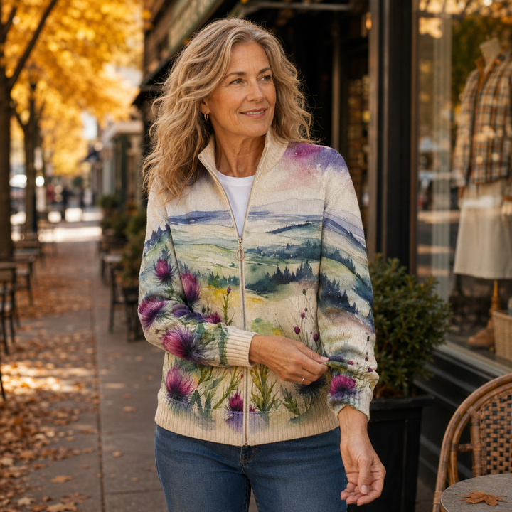 Zelda – Schottischi Distelblüete – Strickjacke mit Reissverschluss