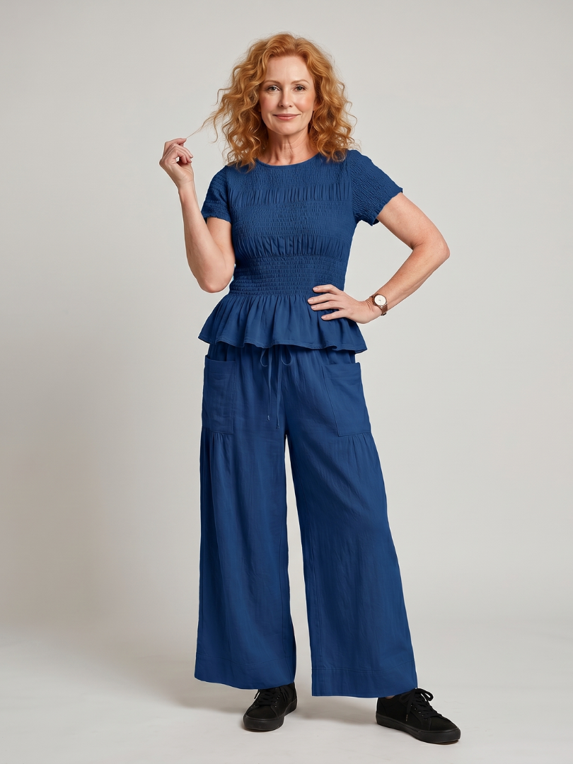 Eirenne | Set mit gesmoktem Top mit Schössli-Detail und wiite Hose