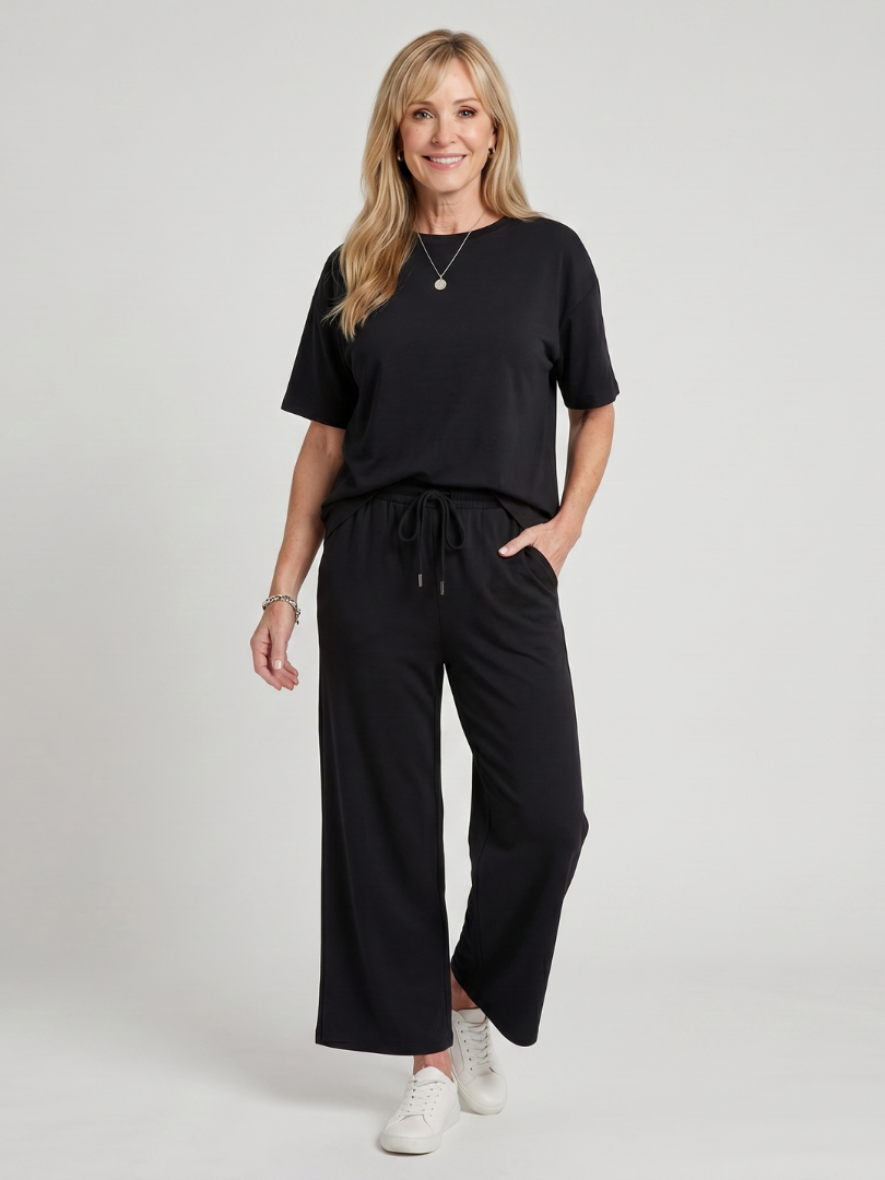 Wihel | Kurzarm-Set mit Kordelzug an der Taille und Hose mit geradem Bein