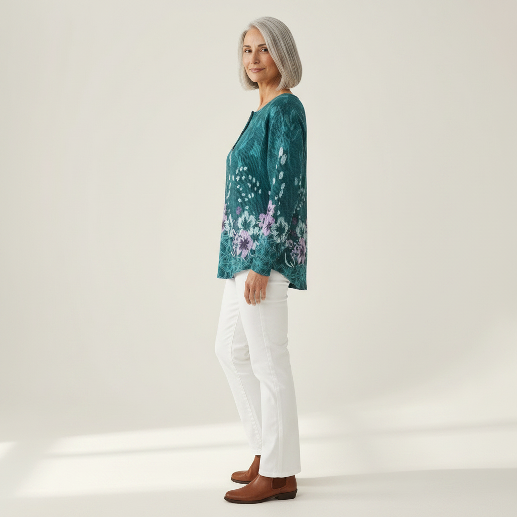 Yolande – Türkise Pulli mit Blüemli