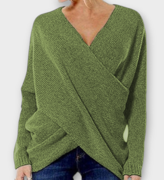 Heidi - Grüner gekreuzter Pullover mit V-Ausschnitt