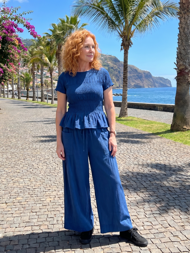 Eirenne | Set mit gesmoktem Top mit Schössli-Detail und wiite Hose