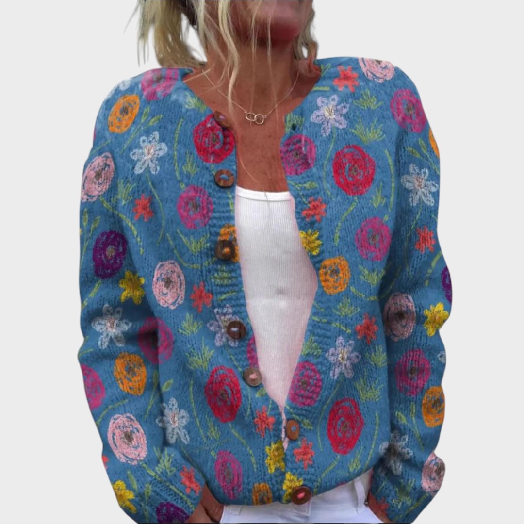 Filipa – Herbstliche Strickjacke mit Blumenmuster