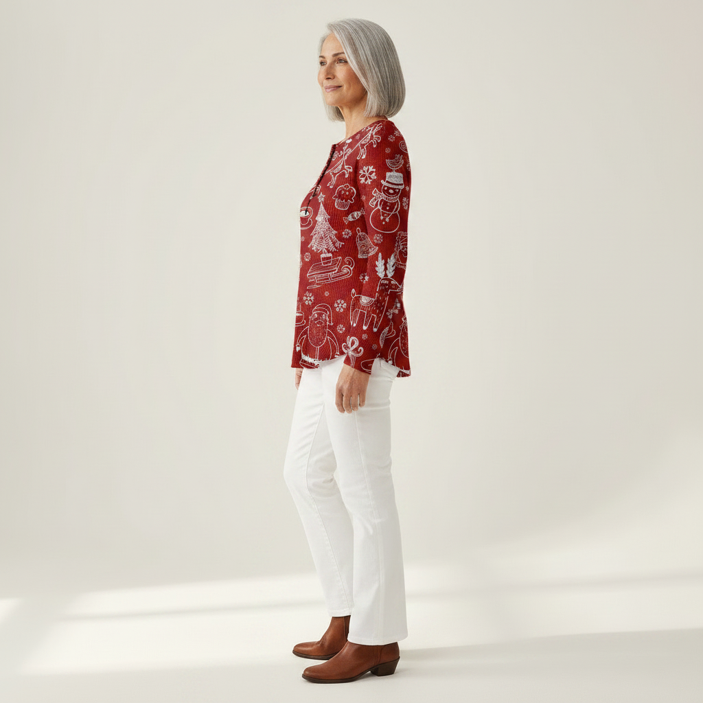 Charline – Rote Wiehnachtspulli mit wiisse Muster