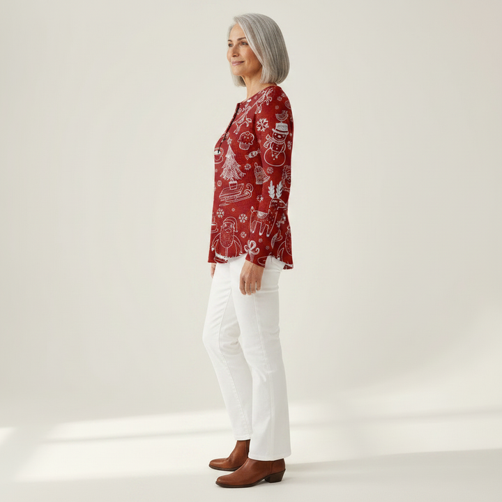 Charline – Rote Wiehnachtspulli mit wiisse Muster