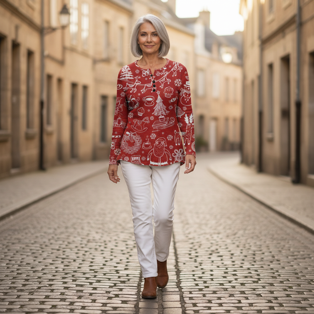 Charline – Rote Wiehnachtspulli mit wiisse Muster