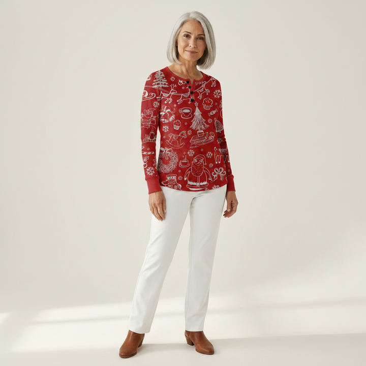 Charline – Rote Wiehnachtspulli mit wiisse Muster