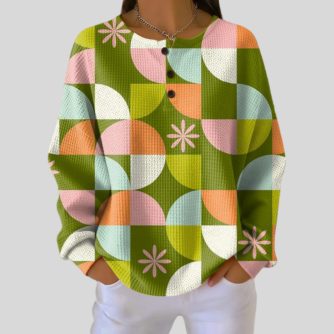 Solange – Olivgrüene Retro-Pulli mit Chreis-Muster
