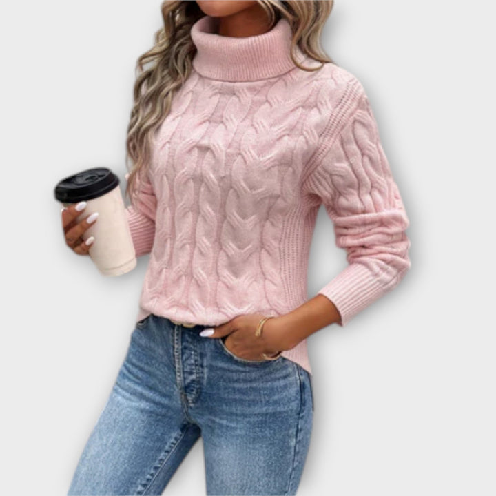 Amelia - Rosa eleganter Rollkragenpullover mit Zopfmuster