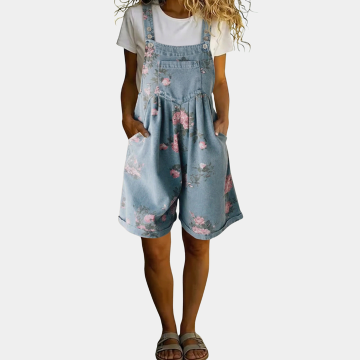 Judy™ | Vintage-gewaschene Jeans-Latzhose mit Blumenmuster