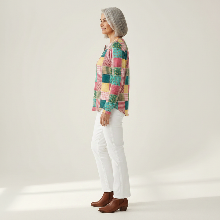 Agnès – Patchwork-Pullover in Rosé und Türkis