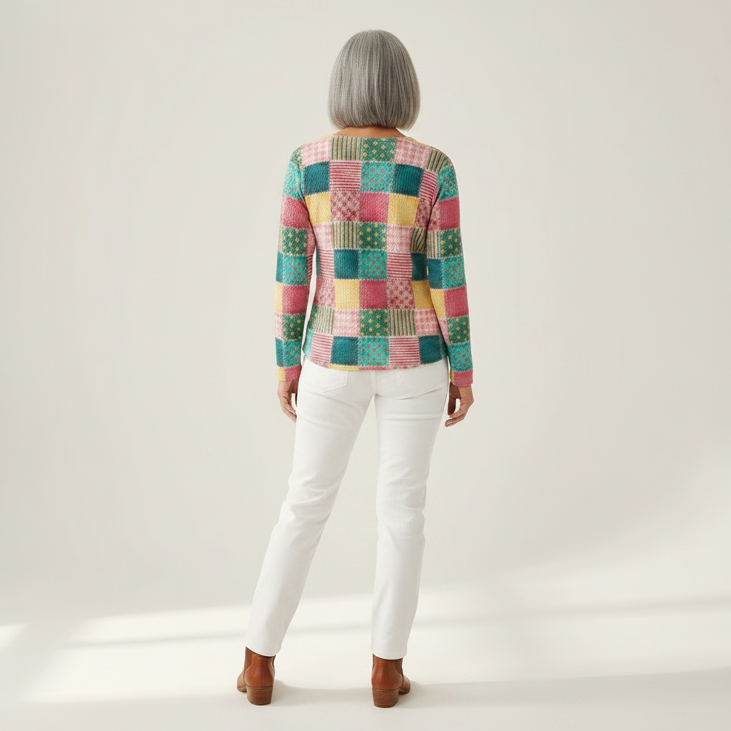 Agnès – Patchwork-Pullover in Rosé und Türkis