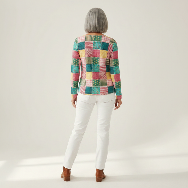 Agnès – Patchwork-Pullover in Rosé und Türkis