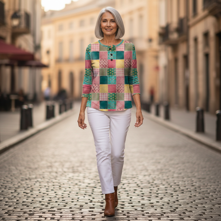 Agnès – Patchwork-Pullover in Rosé und Türkis