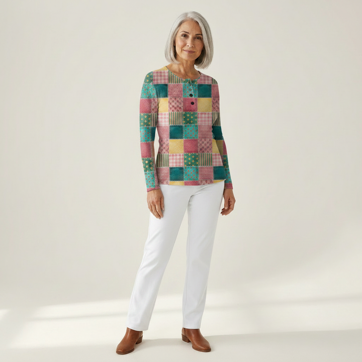 Agnès – Patchwork-Pullover in Rosé und Türkis