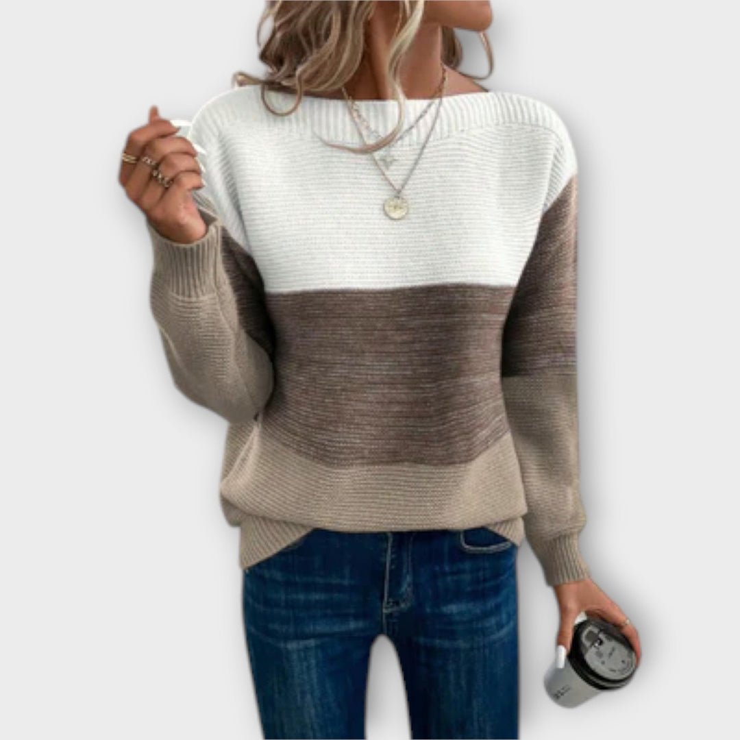 Clara – Eleganter, dreifarbiger Patchwork-Pullover