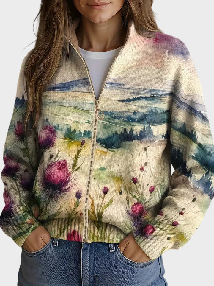 Zelda – Schottischi Distelblüete – Strickjacke mit Reissverschluss