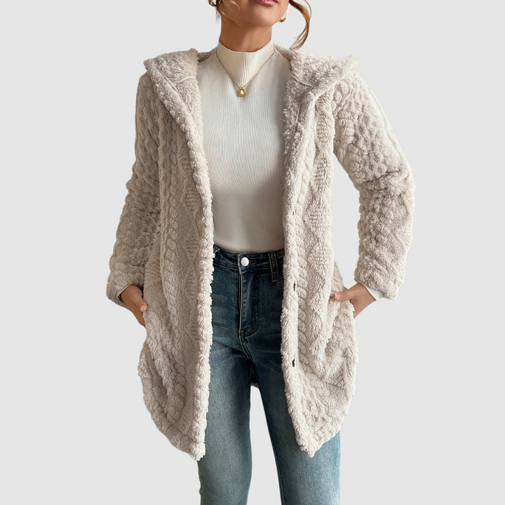 Barbora – Strickjacke mit Kapuze aus Kunstfell