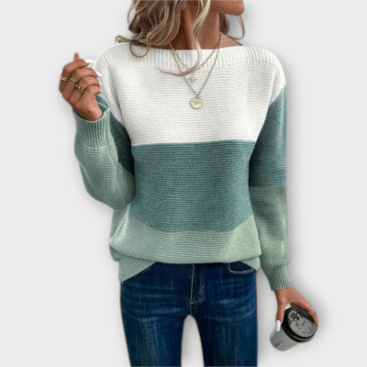 Clara – Eleganter, dreifarbiger Patchwork-Pullover