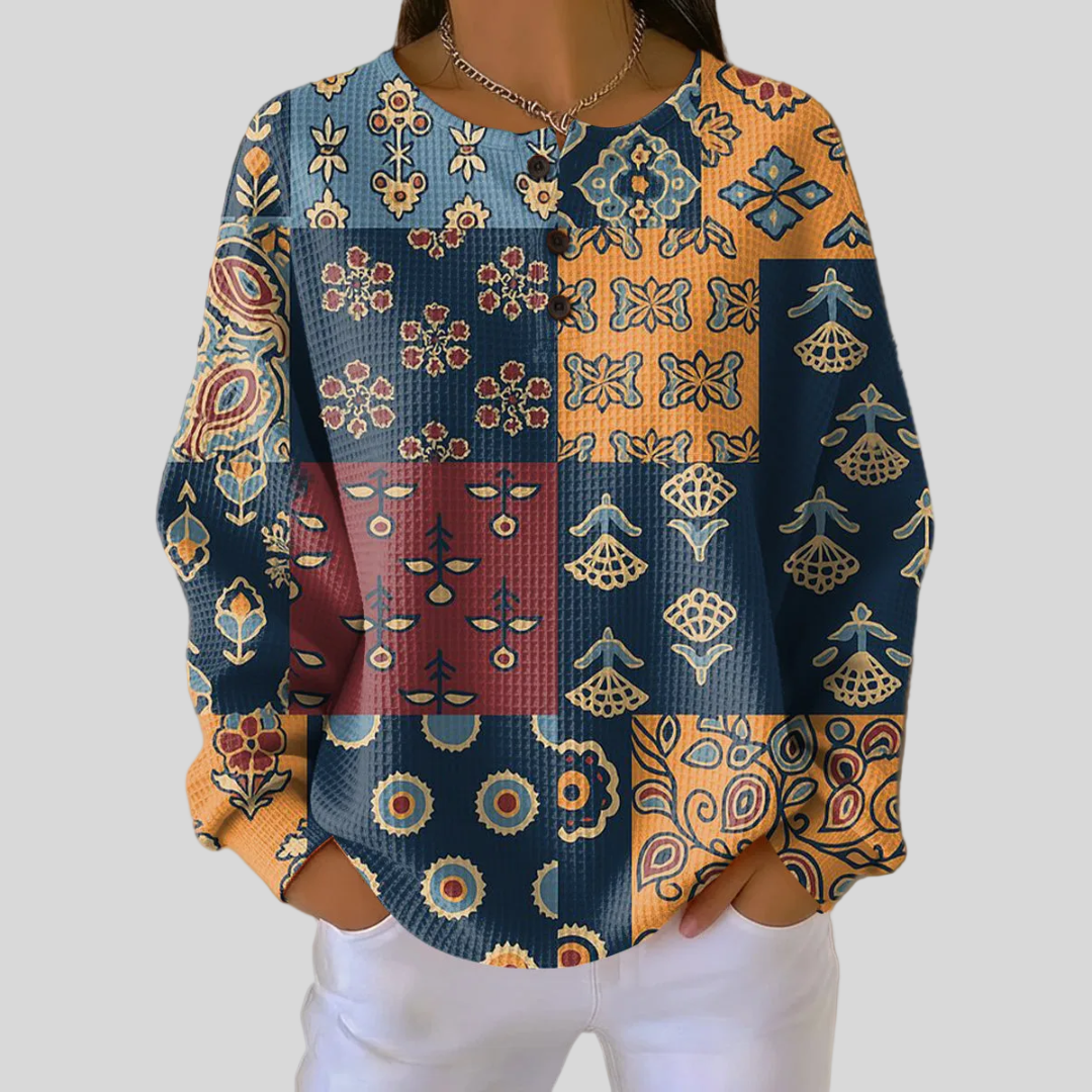 Angèle – Ethnischer Patchwork-Pullover in Blau und Orange