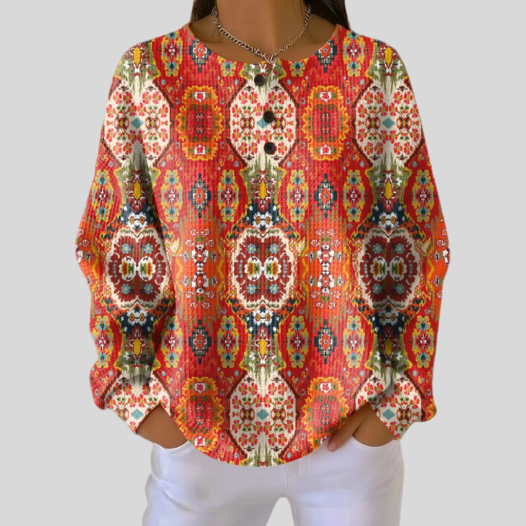 Séverine – Roter Pullover mit ethnischem Muster in Rot und Orange