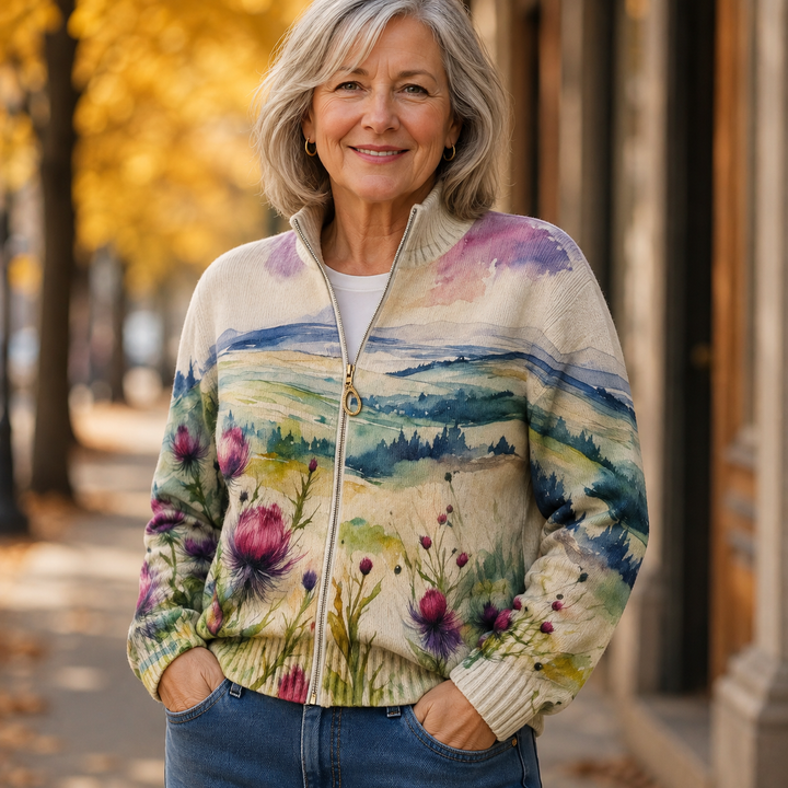 Zelda – Schottischi Distelblüete – Strickjacke mit Reissverschluss