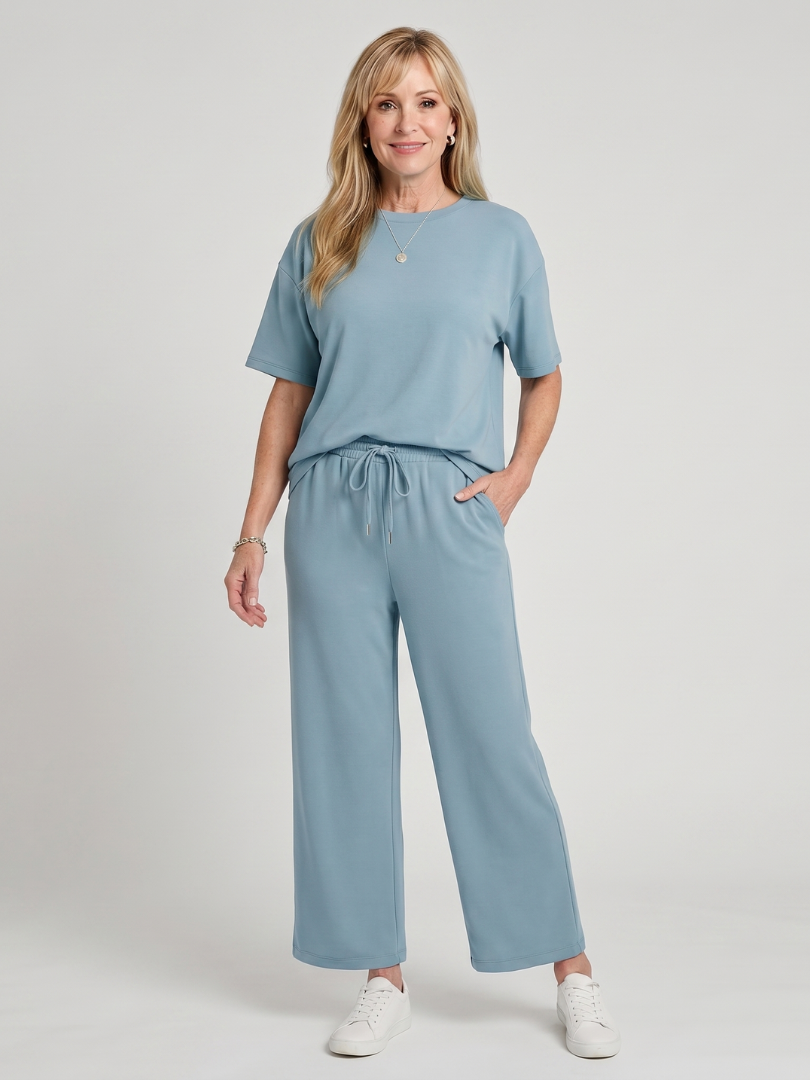 Wihel | Kurzarm-Set mit Kordelzug an der Taille und Hose mit geradem Bein