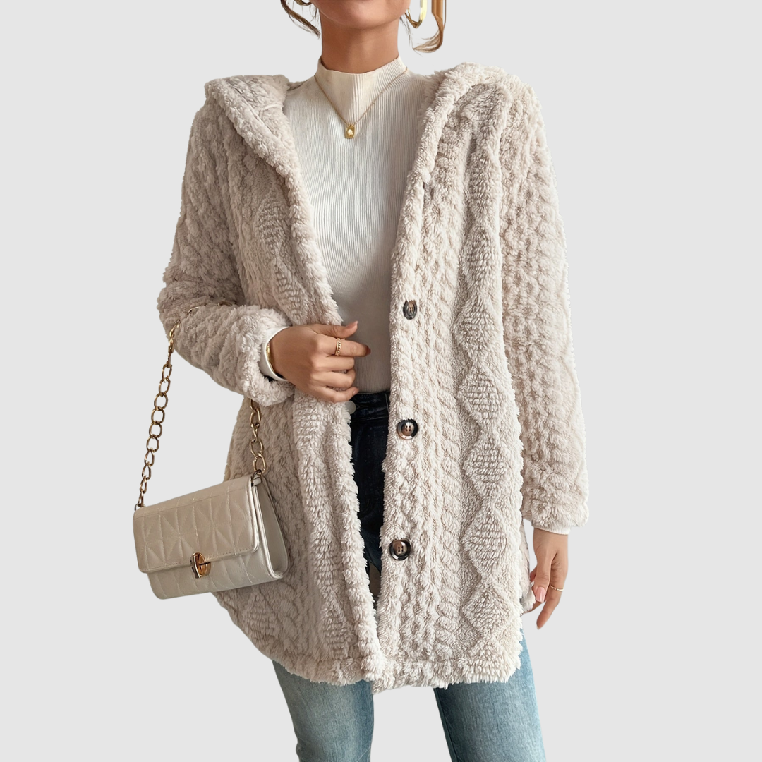 Barbora – Strickjacke mit Kapuze aus Kunstfell