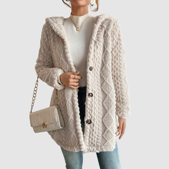 Barbora – Strickjacke mit Kapuze aus Kunstfell