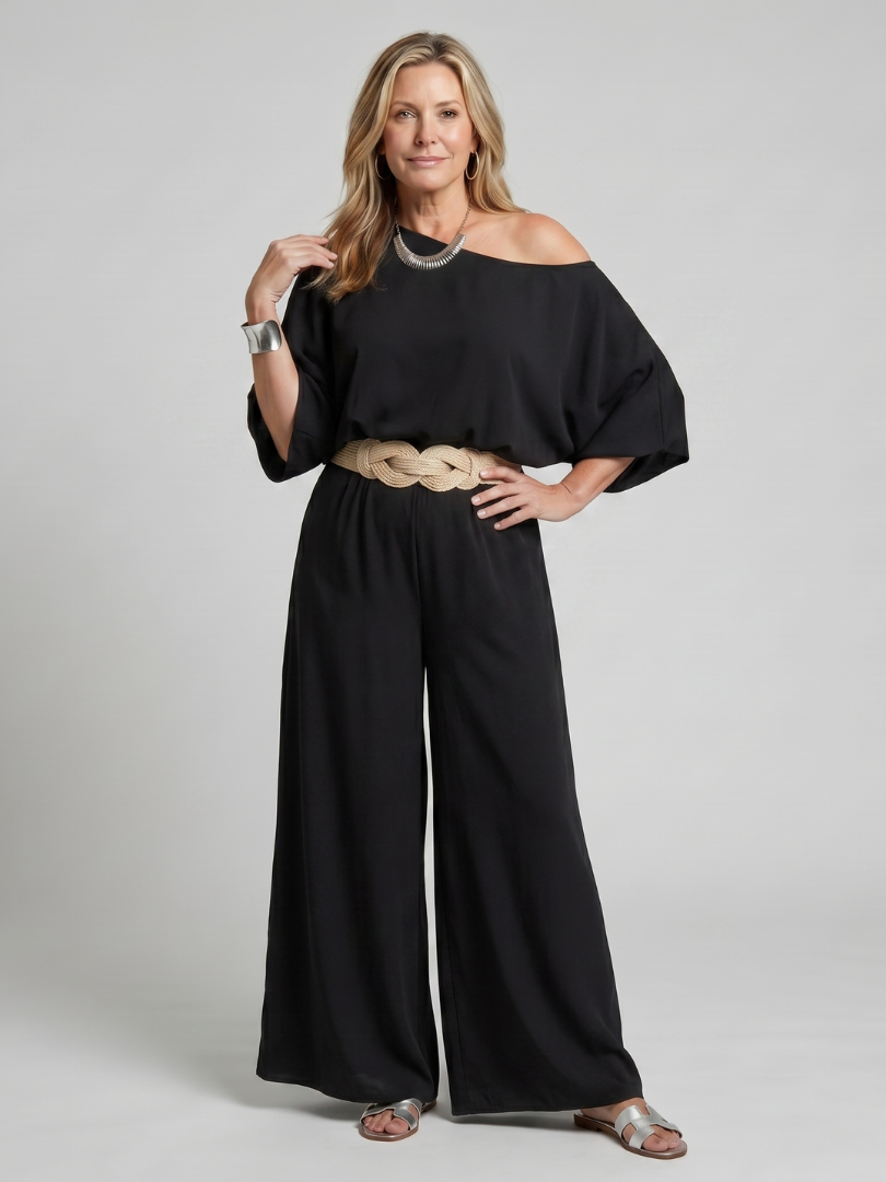 Siomara | One-Shoulder-Top mit weiten Ärmeln und Hose mit weitem Bein im Set