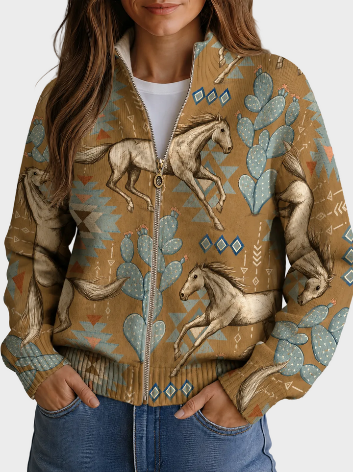 Perpetua – Strickjacke mit Reissverschluss i de Farbe Wüeschte und Kaktus