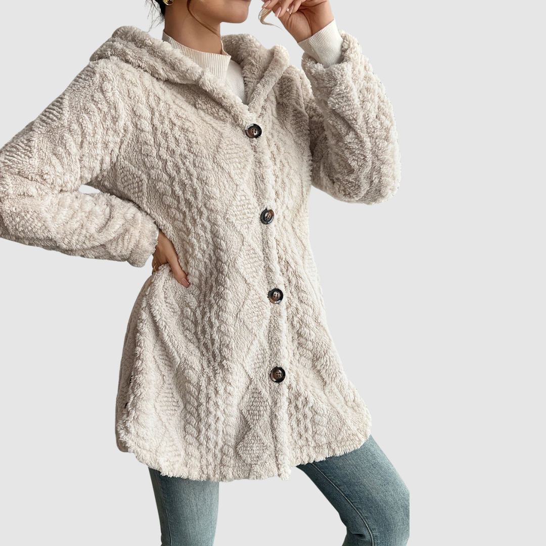 Barbora – Strickjacke mit Kapuze aus Kunstfell