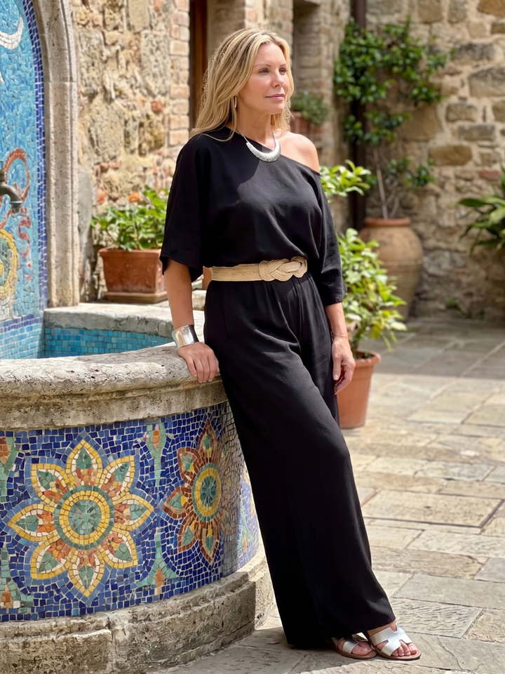 Siomara | One-Shoulder-Top mit weiten Ärmeln und Hose mit weitem Bein im Set