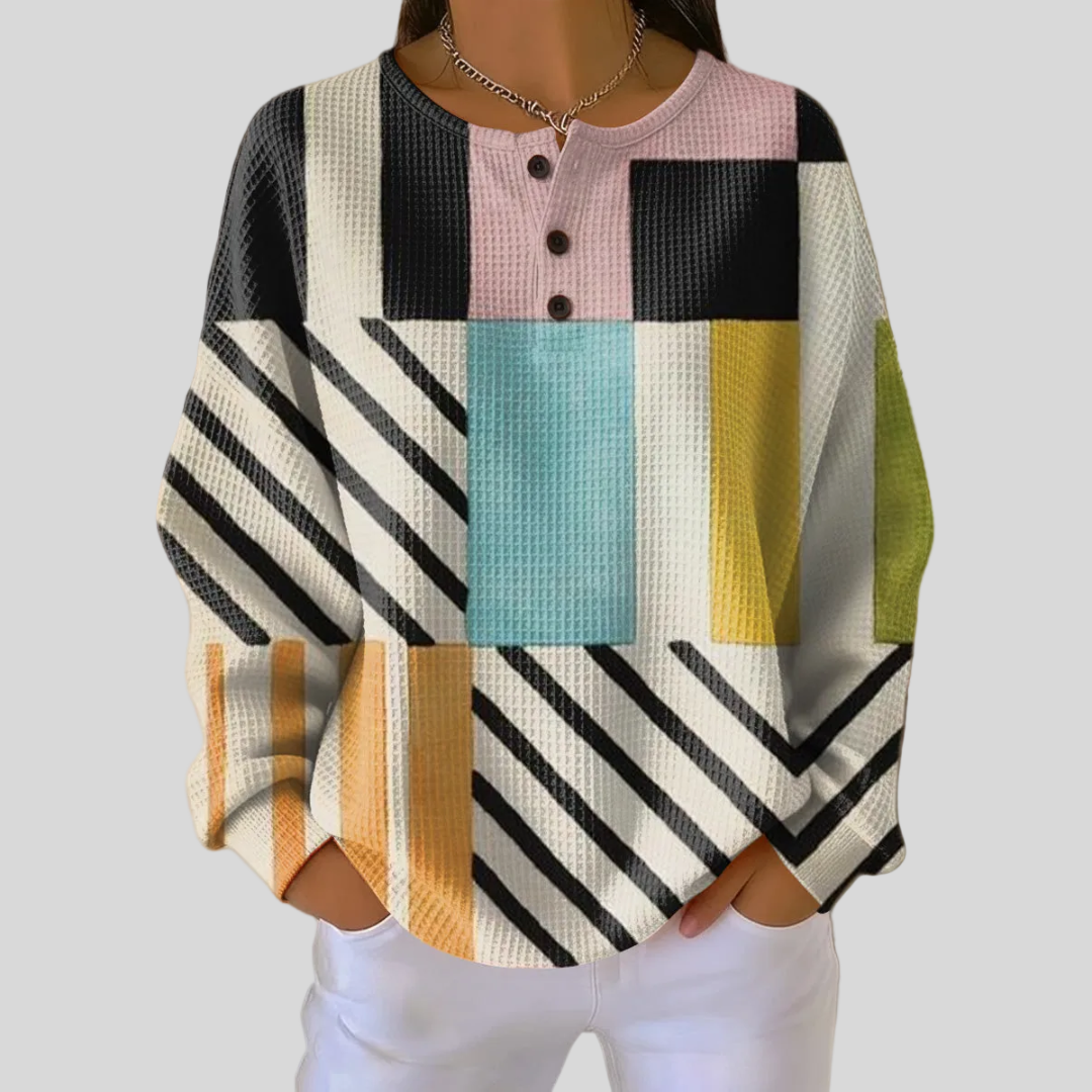 Carine – Schwarz-wiisser geometrischer Patchwork-Pullover
