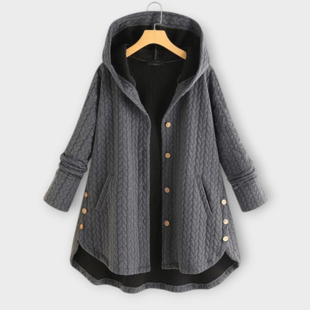Leslie - Schwarze warme Button-Up-Jacke mit Kapuze