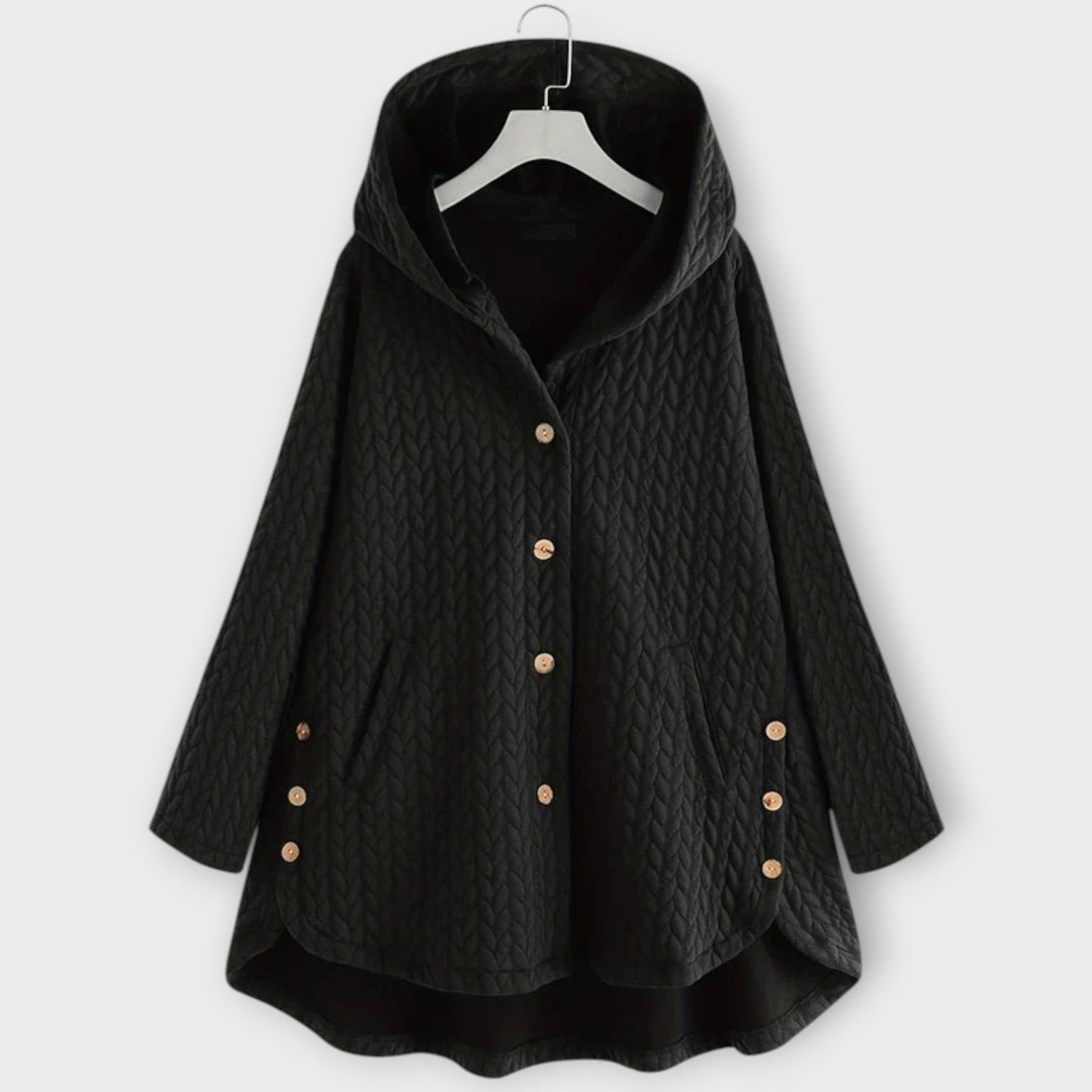 Leslie - Schwarze warme Button-Up-Jacke mit Kapuze