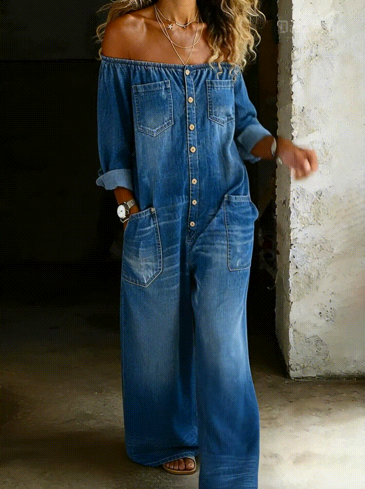 Elena™ | Denim-Jumpsuit mit schulterfreiem Schnitt