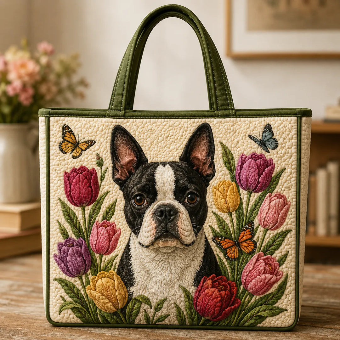 Handgmachti Täsche mit Boston Terrier und Tulpe