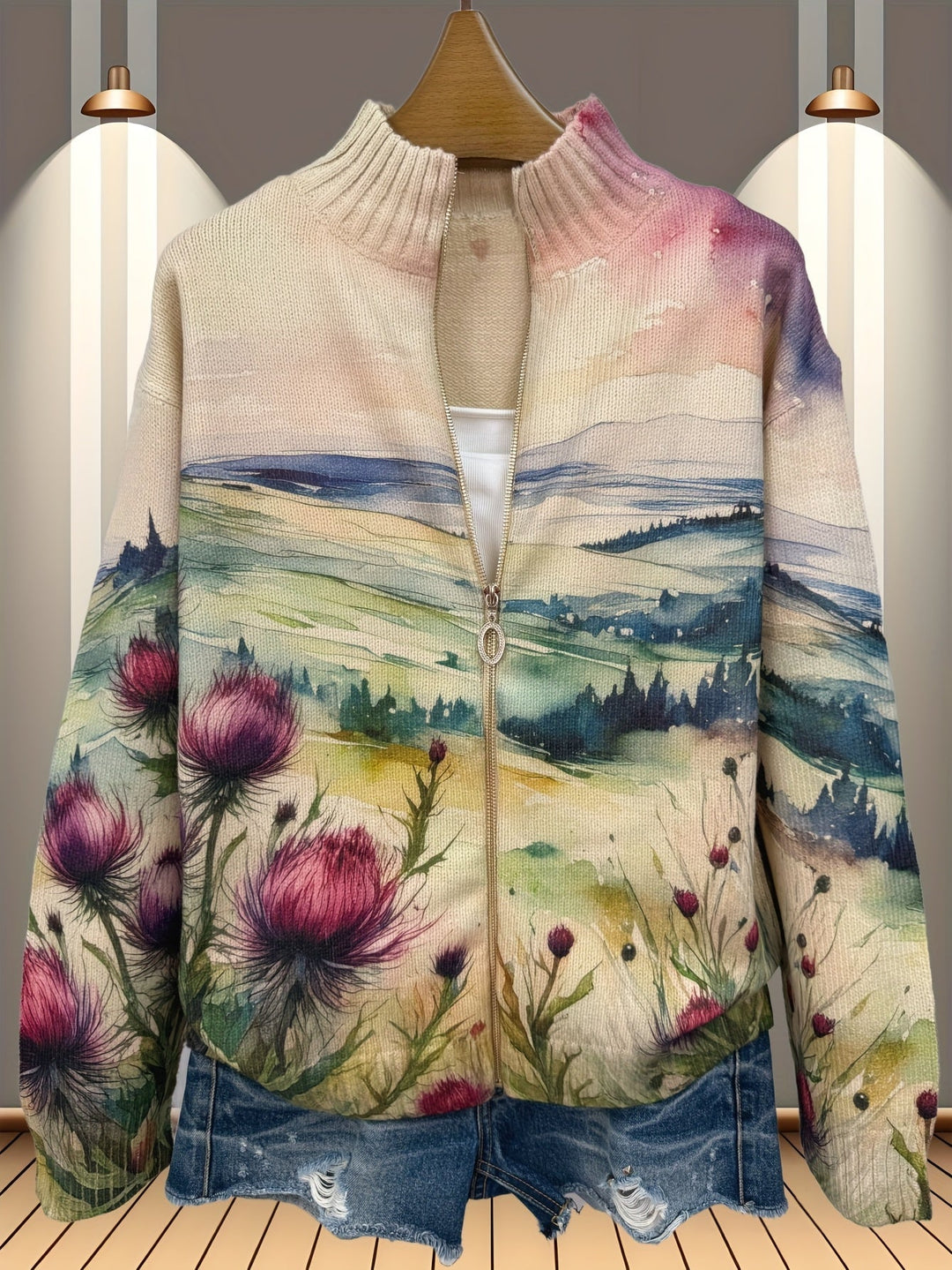 Zelda – Schottischi Distelblüete – Strickjacke mit Reissverschluss