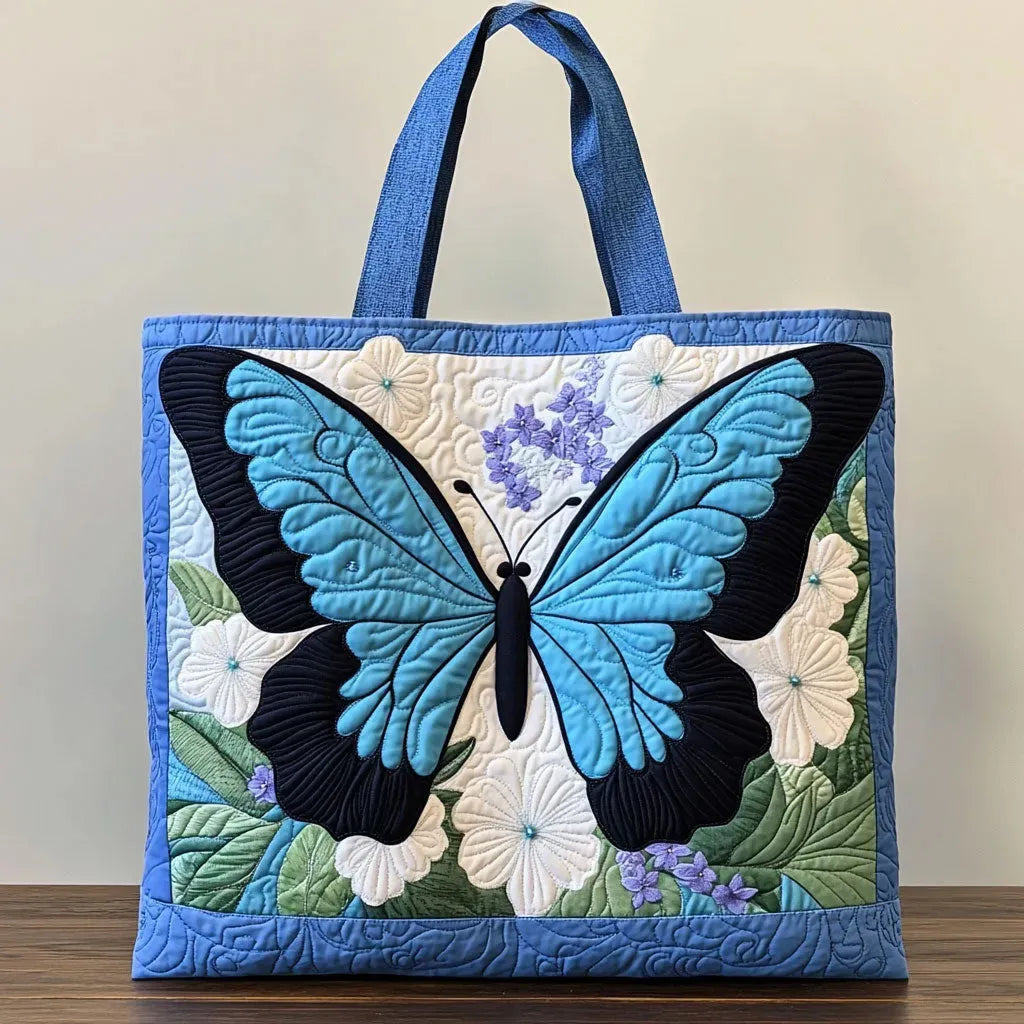 Handgmachti Tasche mit blauem Schmetterling und Blueme