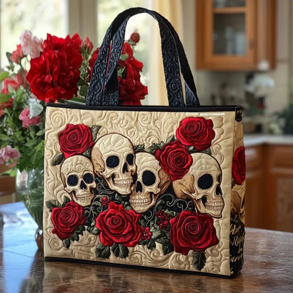 Handgmachti Täsche mit Toteschädel und ere rote Rose