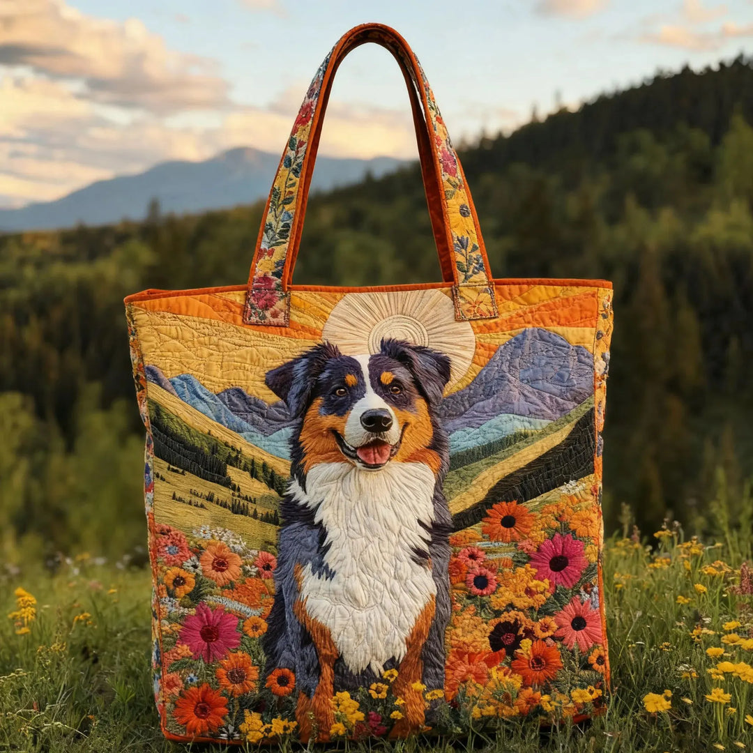 Handgmachti Tasche mit em Australische Schäferhund und em Sunneuntergang