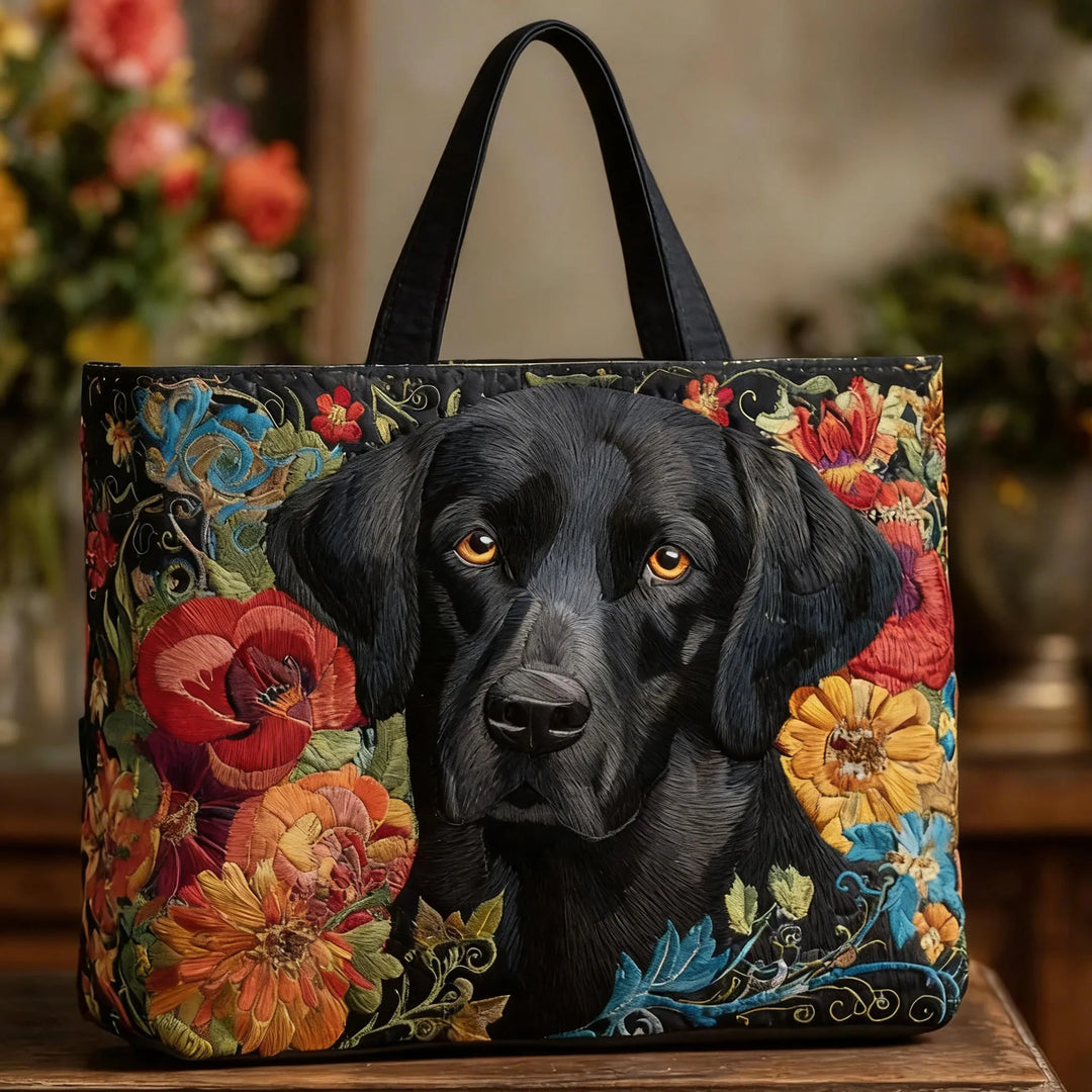 Handgmachti Tasche mit schwarzem Labrador und Blueme