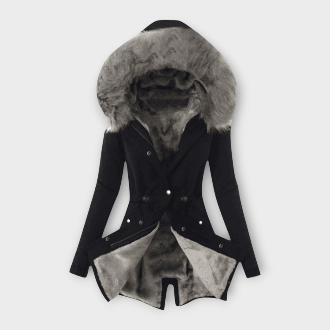 Maura - Olivgrüne kuschelige Winterjacke mit Fellkapuze