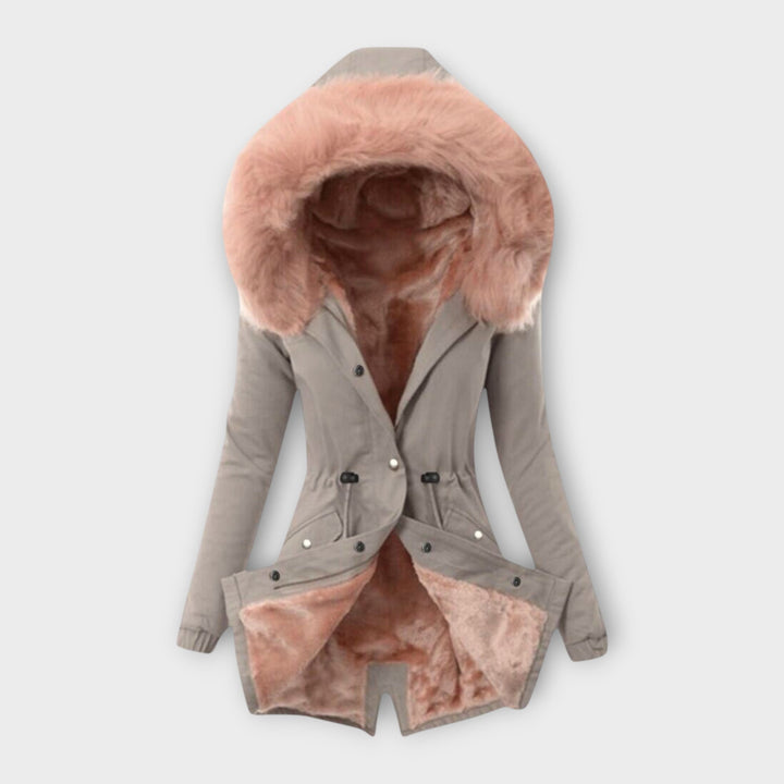 Maura - Olivgrüne kuschelige Winterjacke mit Fellkapuze