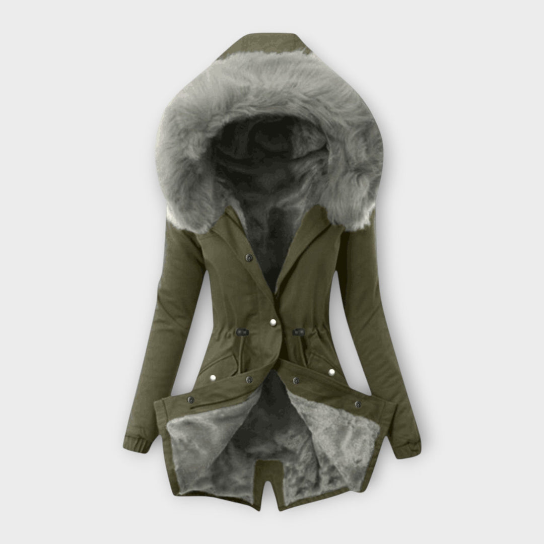Maura - Olivgrüne kuschelige Winterjacke mit Fellkapuze