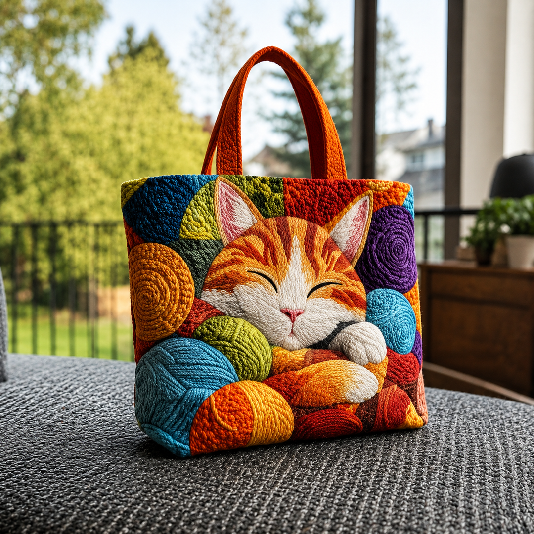 Gsteppte Iichaufstasche mit schlafender Chatz
