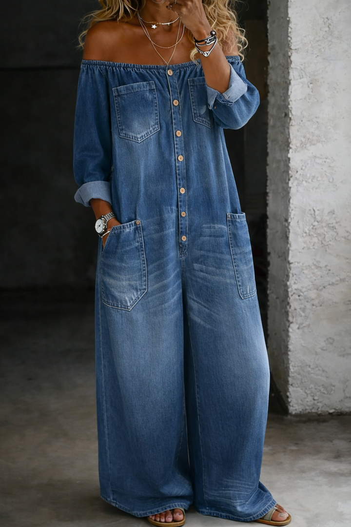 Elena™ | Denim-Jumpsuit mit schulterfreiem Schnitt