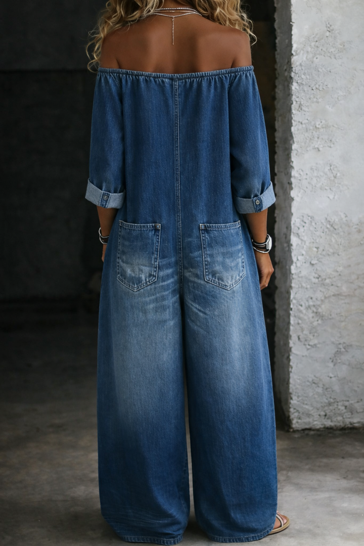 Elena™ | Denim-Jumpsuit mit schulterfreiem Schnitt