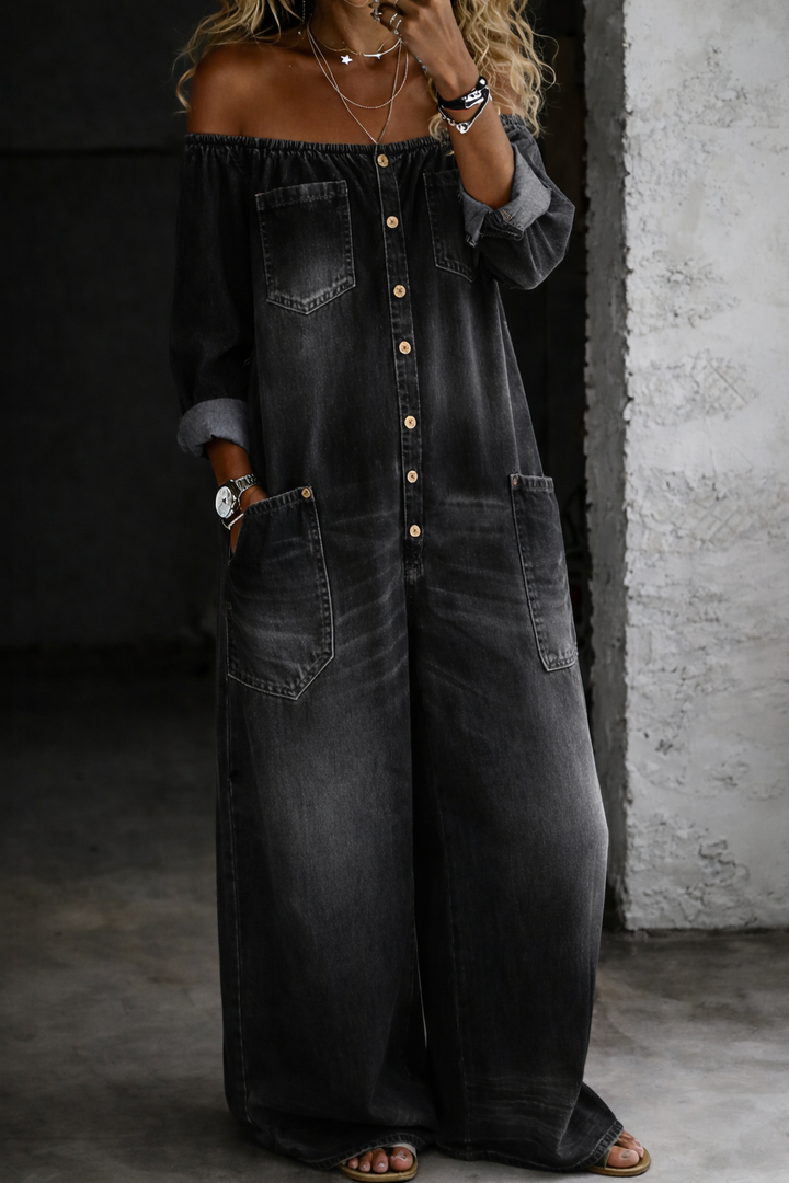 Elena™ | Denim-Jumpsuit mit schulterfreiem Schnitt